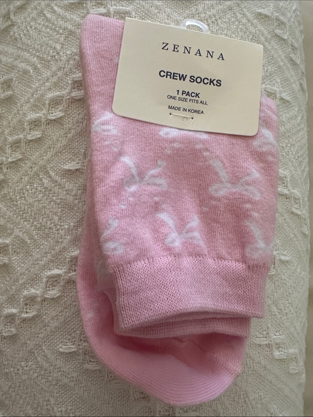 Zenana Pink Crew Socks with White Bow Ribbon Pattern